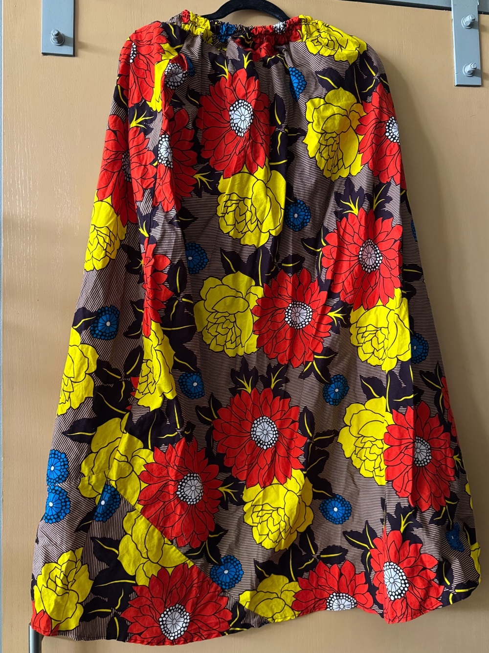 Nashona Tanzania African Kintenge Elastic-Waist Maxi Skirt Red Yellow Floral L